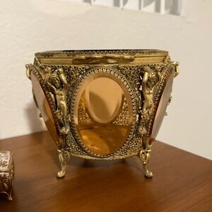 Antique Ormolu Amber Glass Cherub Casket Box